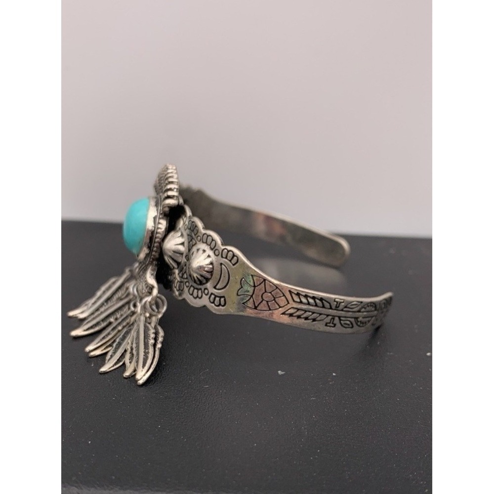 Silver Tone Etched Faux Turquoise Cuff Bangle Bracelet With Feather Dangles Boho - Picture 3 of 7